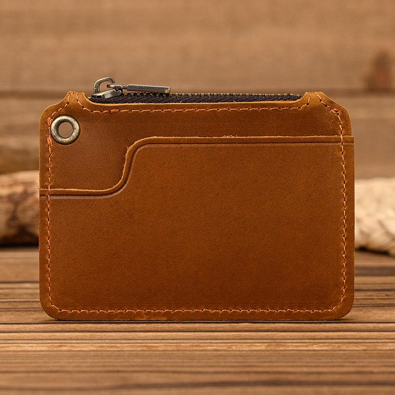 New Men Genuine Leather Zipper Coin Wallet Natural Leather Short Purse Card Holder Cash Clutch Wallet With Key Ring