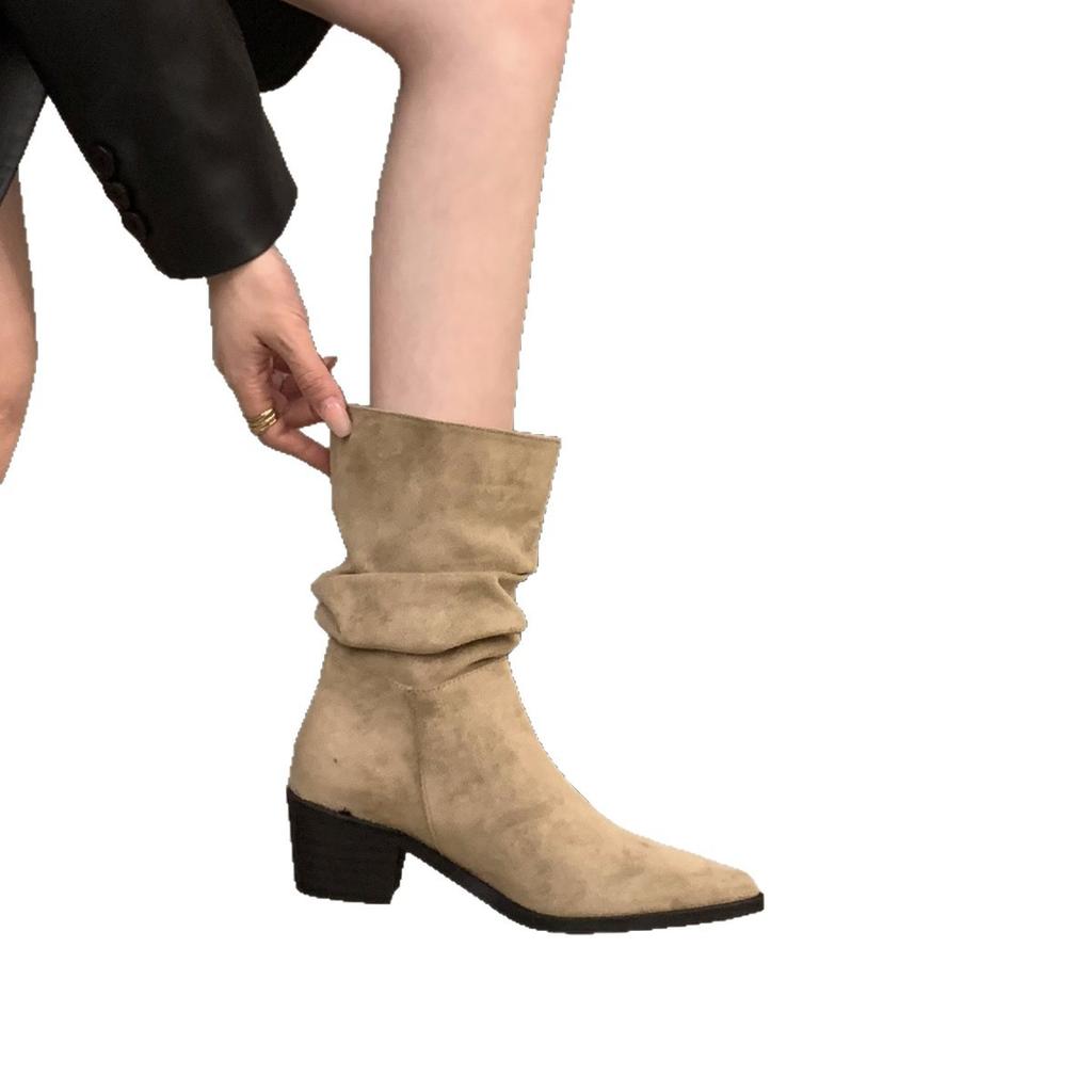 High heel pointed suede khaki thin French small short boots women's shoes 2025 new stacking boots spring and autumn single boots