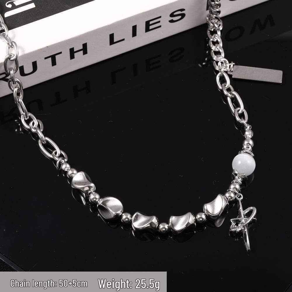 Унисекс Титановая Сталь Ожерелье с Halo Звездой: Неправильная металлическая каменная цепочка для свитера