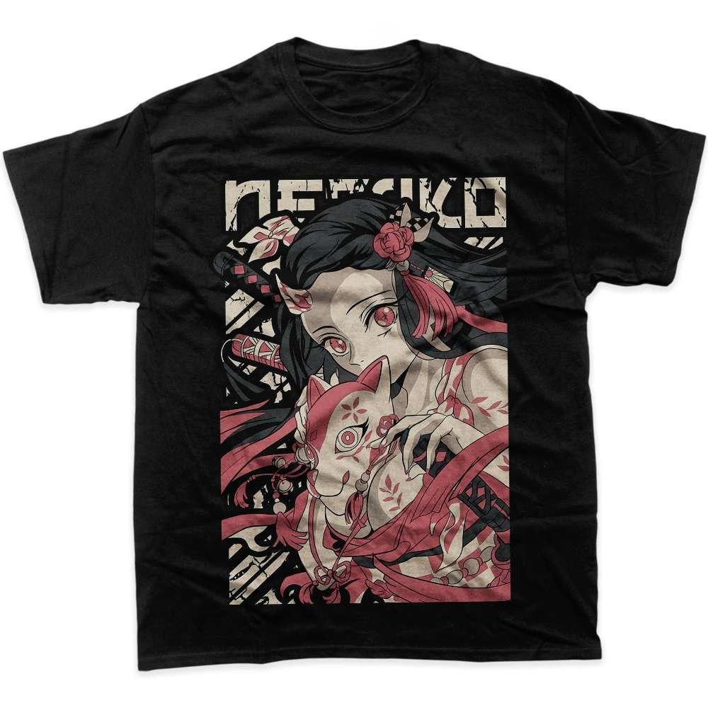 Demon Slayer TShirt Nezuko Kamado Graphic Tee Black Hair with Fox Mask Red Eyes and Floral Kimono Black Cotton S