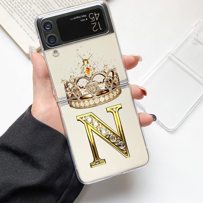 Diamond Crown Letter 26 Letters Phone Case For Samsung Z Flip 3 4 5 6 fold High Hard PC For Galaxy Z Flip 3 5 6 Clear Cover