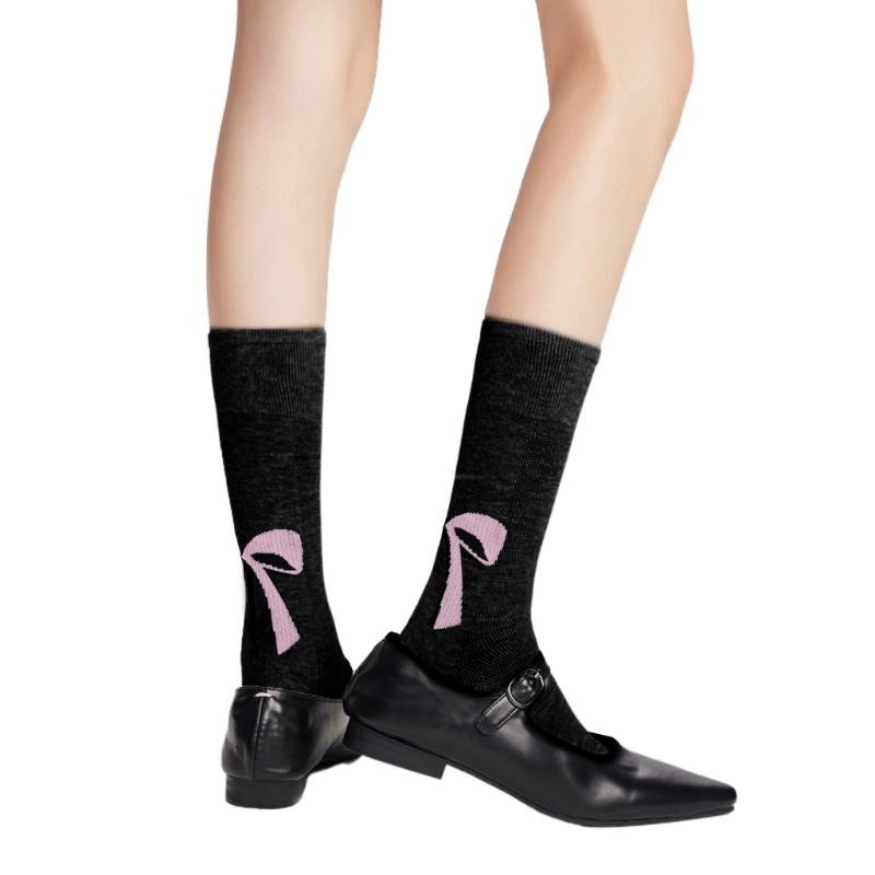 Cute Bowknot Pattern Long Calf Length Socks for Women and Girls Breathable Mesh Ribbed Student Cotton Stockings Hosiery