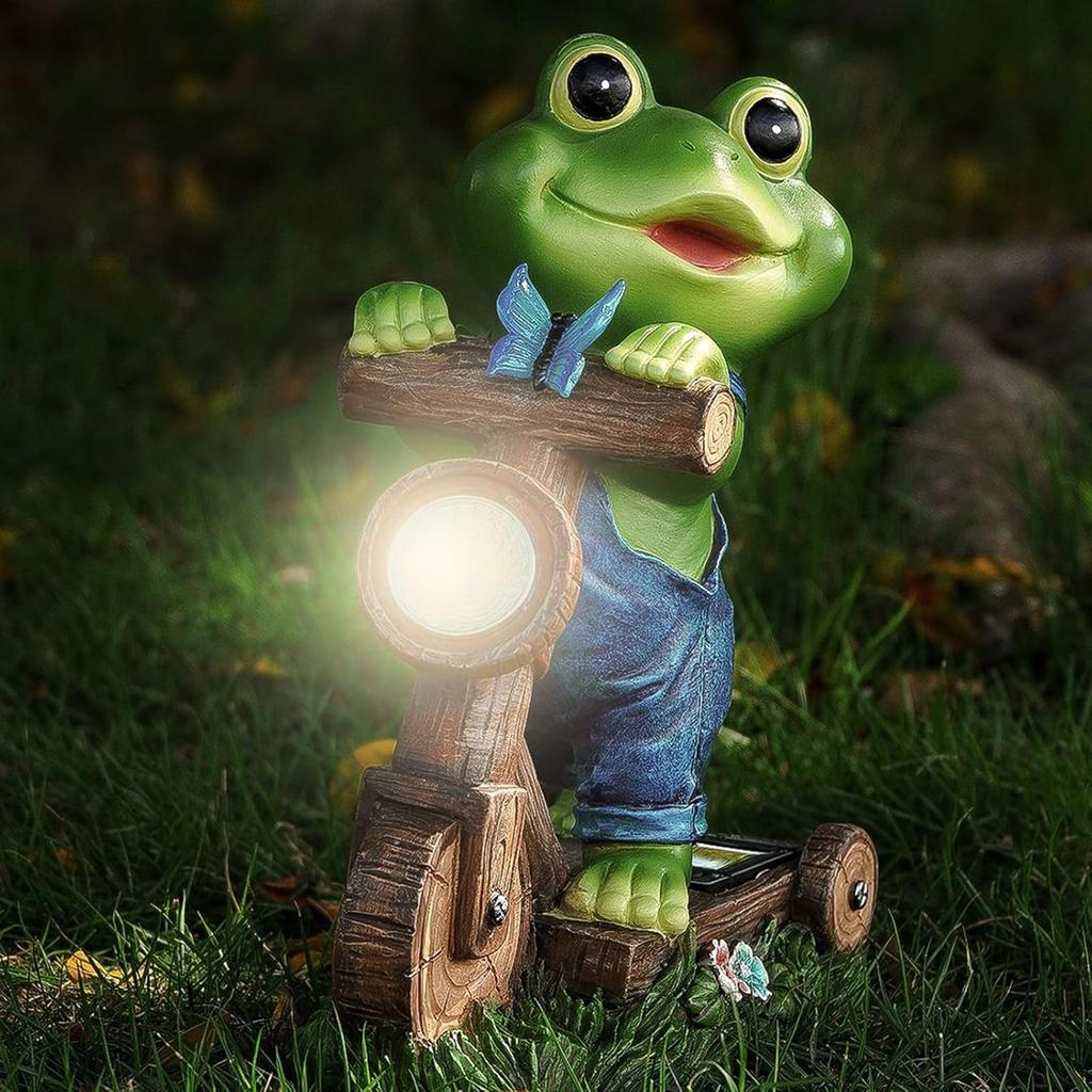 Solar LIghts Frog Riding Bicycle Sculpture Vintage Metal Garden Decor Outdoor Artwork for Yard Patio Villa Balcony Landscape