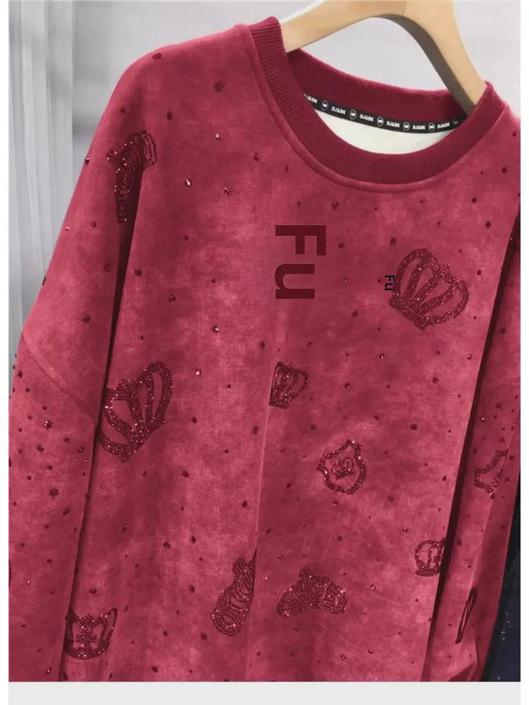 European Luxury Crown Diamond Sweater: Women's Plus-Size Velvet Thick Long Sleeve Top