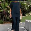 Conjunto de Dos Piezas para Mujer: Top de Cuello Redondo con Dobladillo Asimétrico y Pantalones de Pierna Ancha, Atuendo Casual de Color Sólido