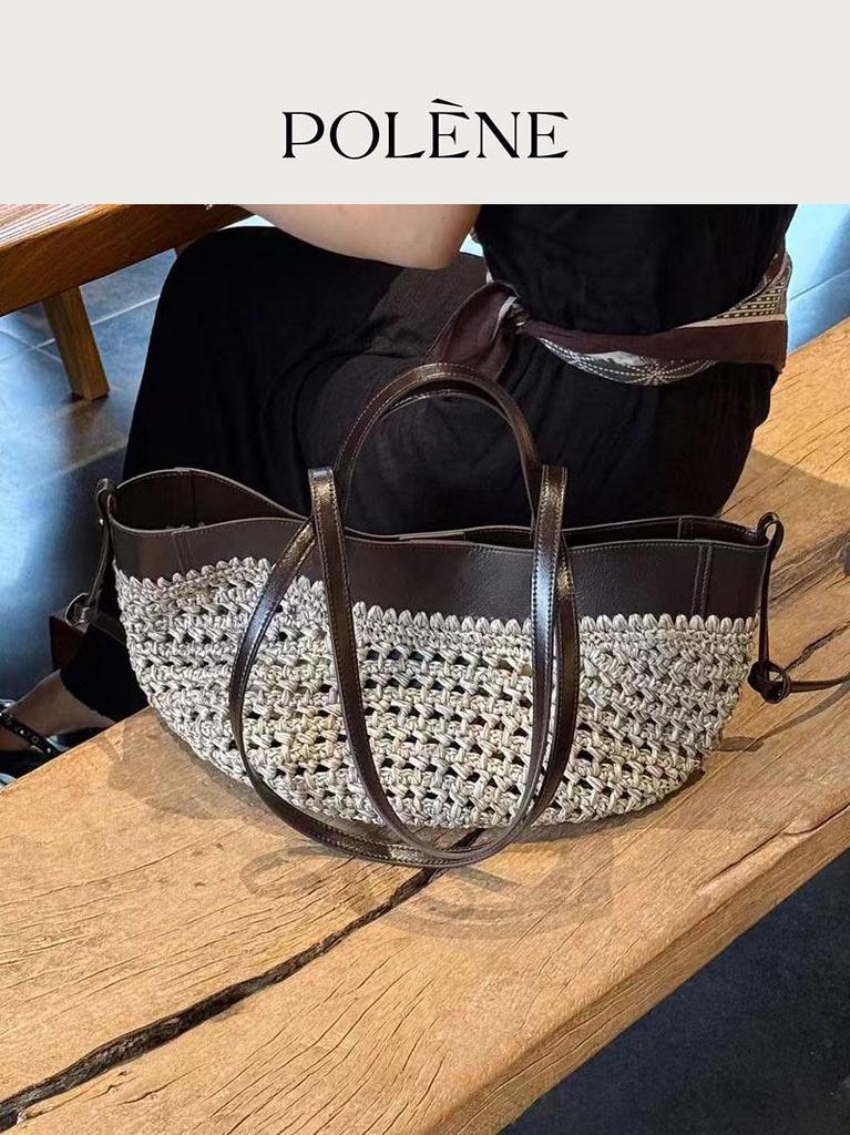 Borsa a Mano Polne Intrecciata in Vera Pelle: Borsa a Spalla alla Moda, di Grande Capacità, in Pelle di Mucca per Uso Casual o da Spiaggia