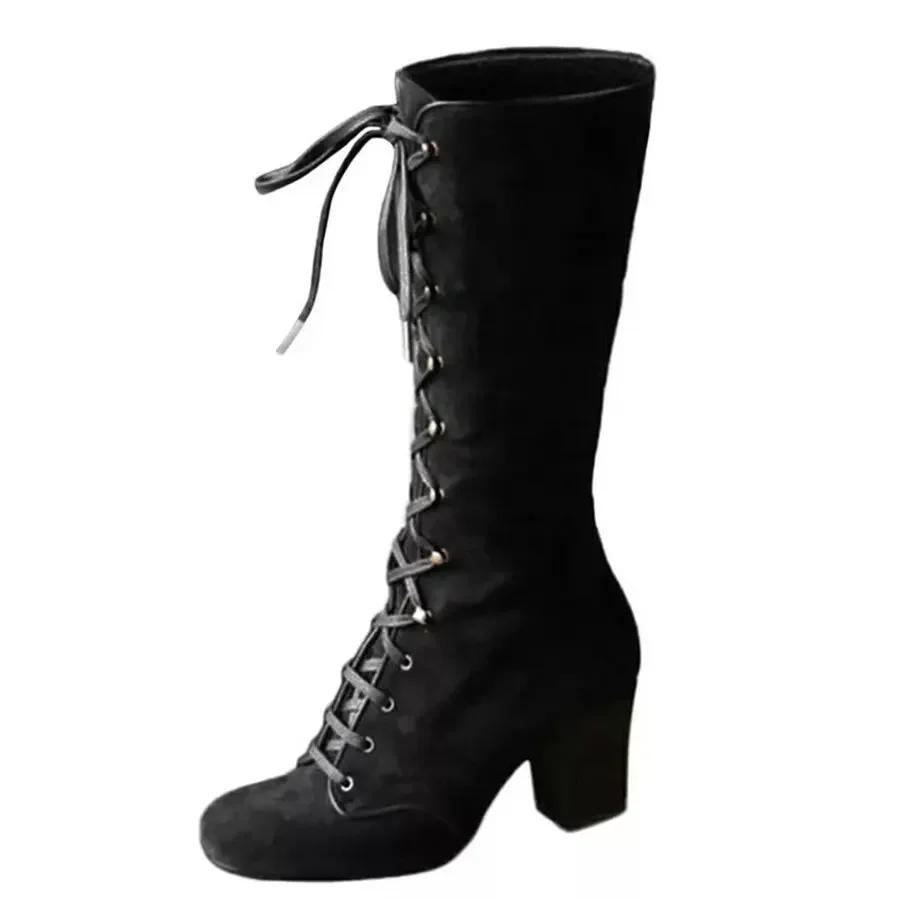 2026 Winter Damen Stiefel Schuhe Mode Vintage Schnürstiefel Damen Rund Cowboy Hohe Absätze Stiefeletten Schuhe Frau Botas Mujer A031