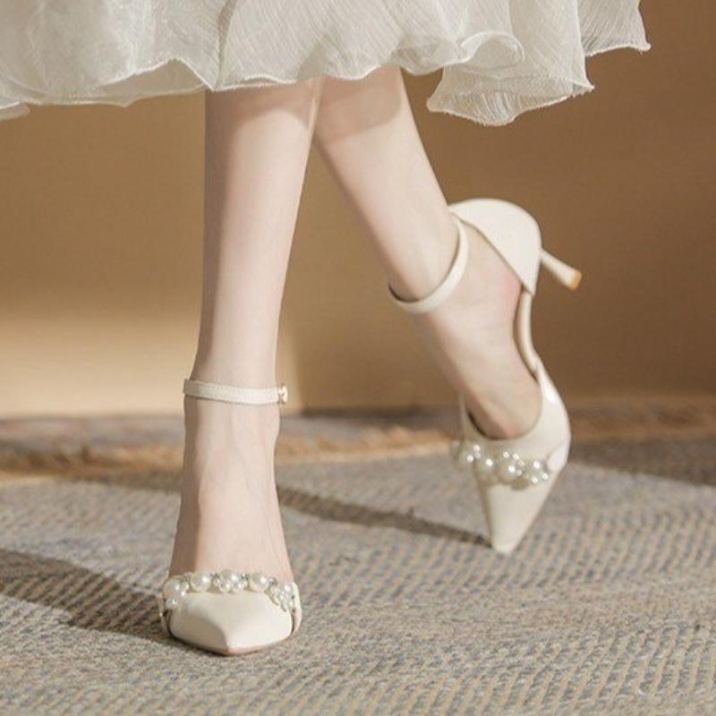 2025 Summer Celebrity Women's High Heels Fashion Pointed Toe Pearl Chain High Heel Sandals Dress Banquet Wedding Shoes