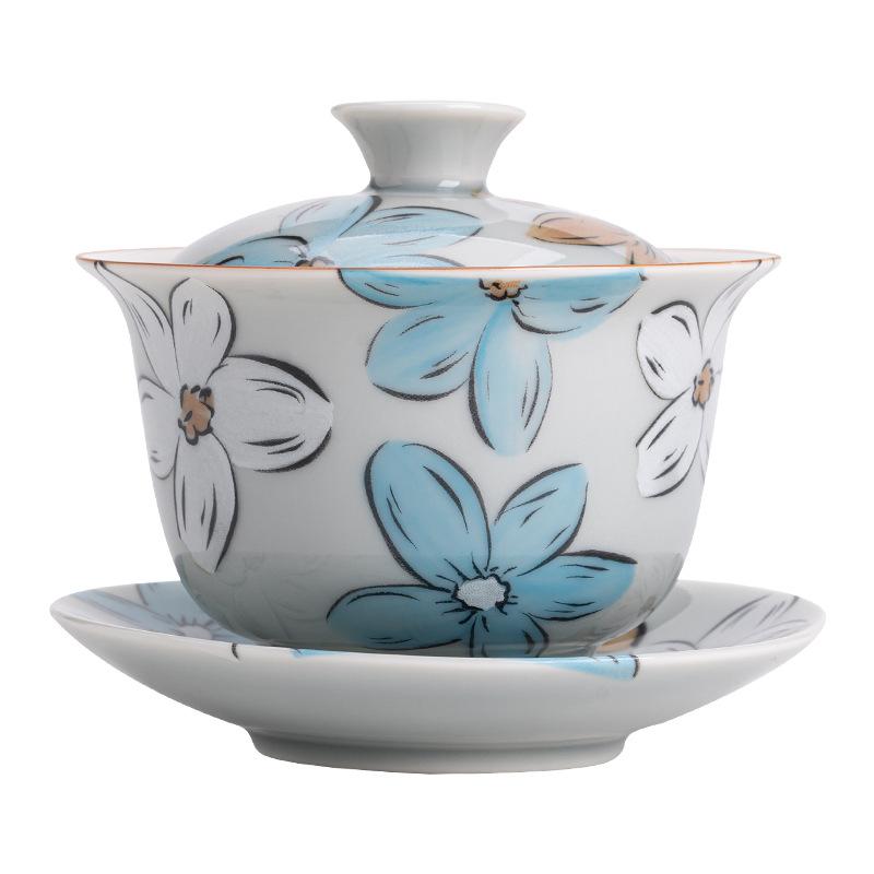 Ice Grey Underglaze Tureen Sancai Hand-painted Floral Tea Bowl Japanese Cherry Blossom Ceramic Gaiwan Chinese Kung Fu Teaware