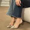 Pointed High Heels Women's Thin Heels Autumn 2025 New Square Buckle Large Rhinestone French Hollow Single Shoes