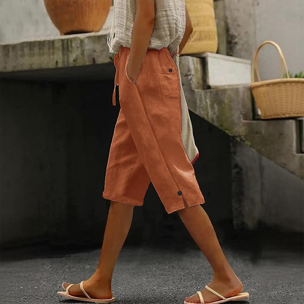 Women's Casual Fashion -Color Elastic Waistband Pocketed Wide-Leg Straight-Cut Shorts