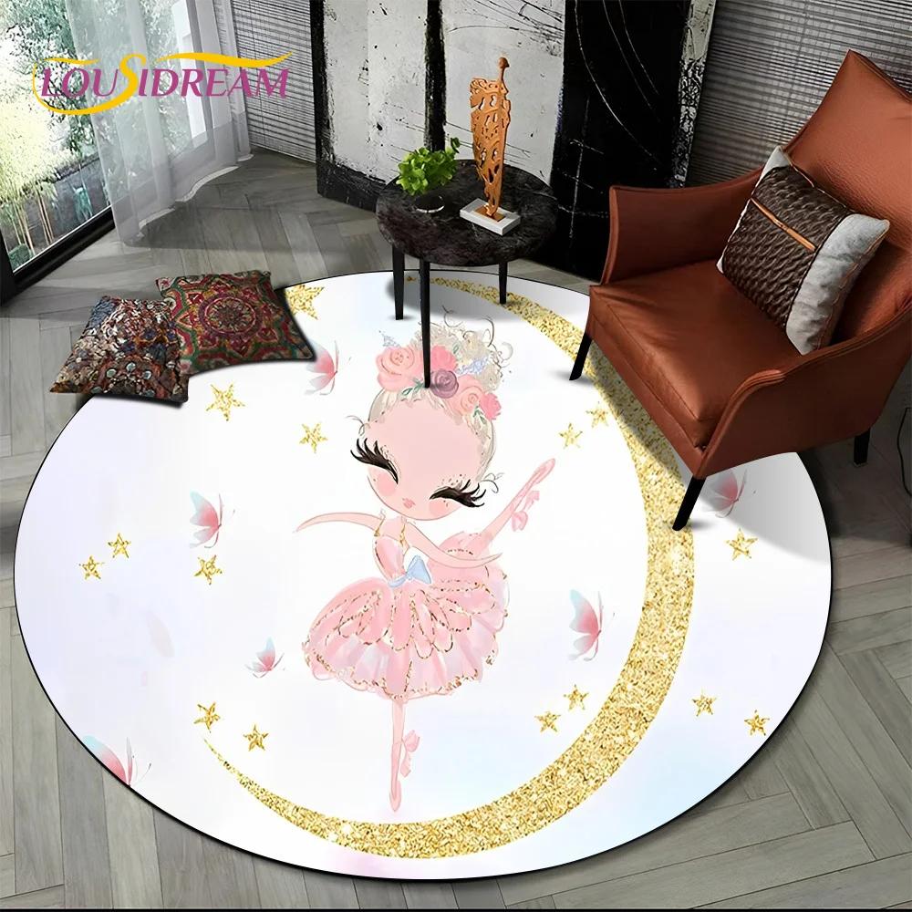 Ballet Girl Cartoon Flower Fairy Ballerina Round Carpet Rug for Living Room Bedroom Child Decor,Pet Area Rug Non-slip Floor Mat