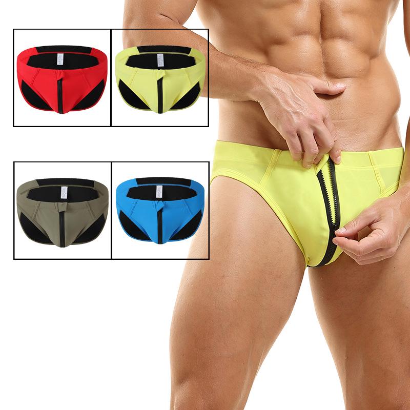 Men's European & American Color Block Zipper Swim Trunks