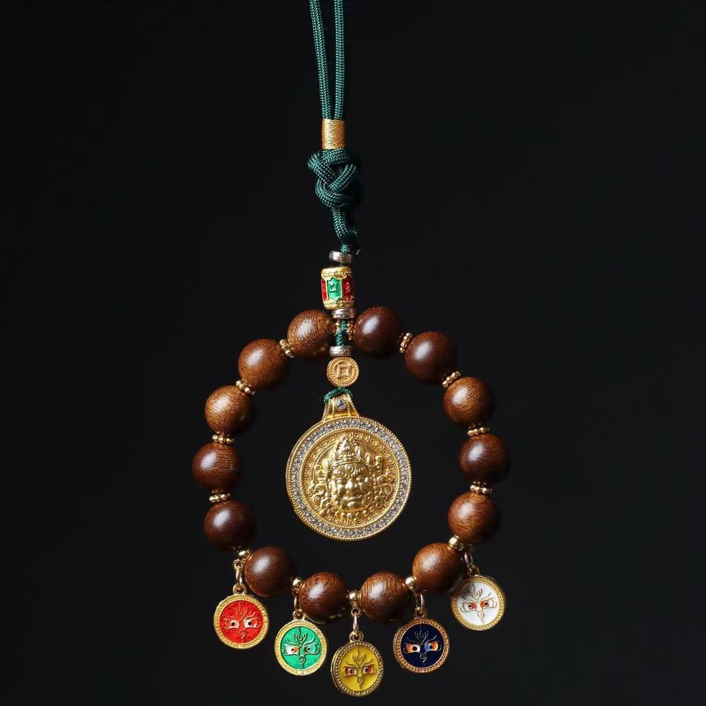 Fuson Red Soil Agarwood Car Pendant with God of Wealth & Peace Lock - Sinking Grade Beads Jewelry