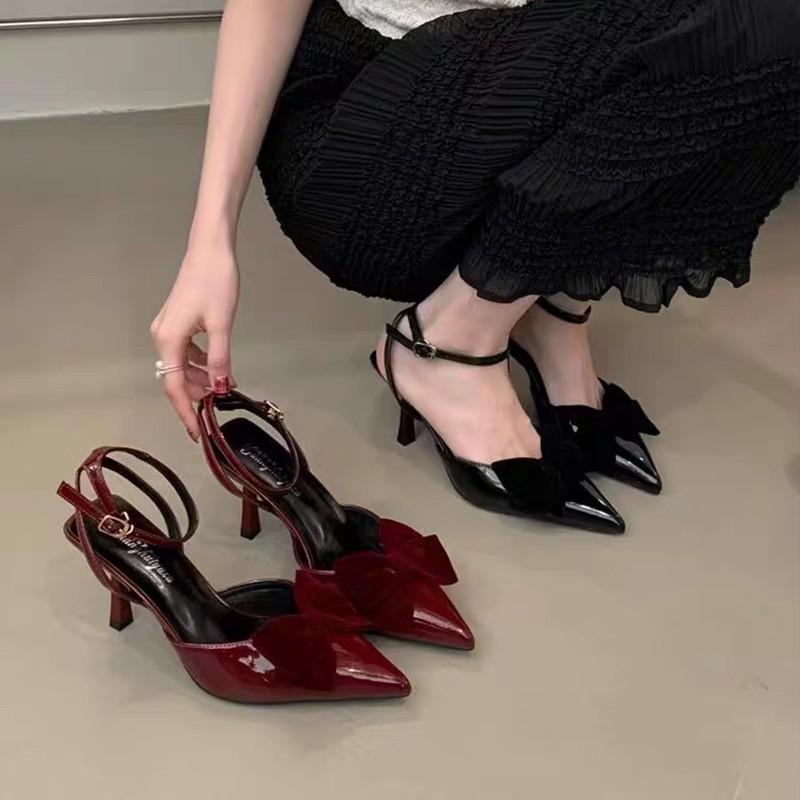 Fashion Baotou High Heels Spring New Pointy Head Shallow Mouth Butterfly Knot Line with Anti-slip Wear-resistant Sandals