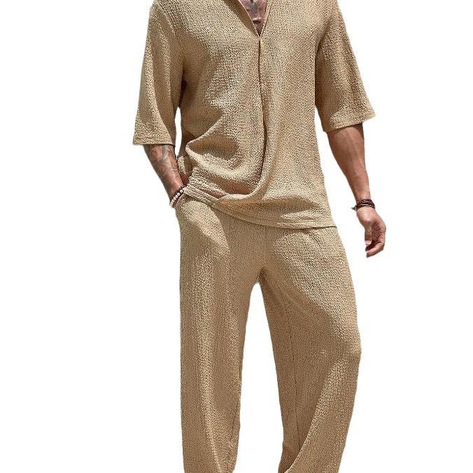 2024 Men's Casual Two-Piece Commuter Suit: Solid Short-Sleeve Shirt & Trousers