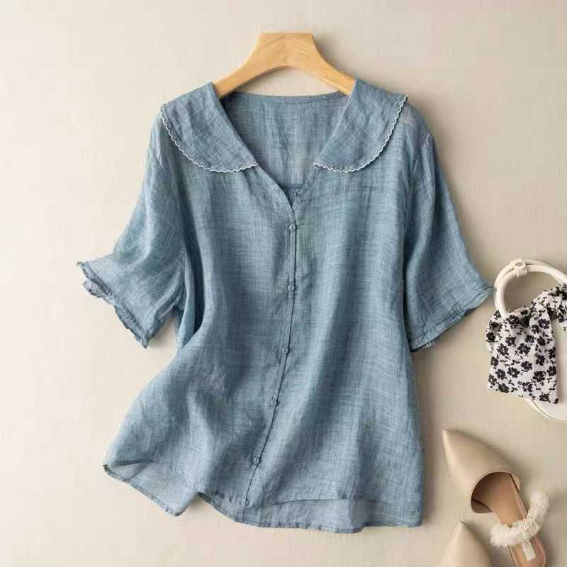 

Women s Linen Peter Pan Collar Short-Sleeve Button-Down Blouse M синий