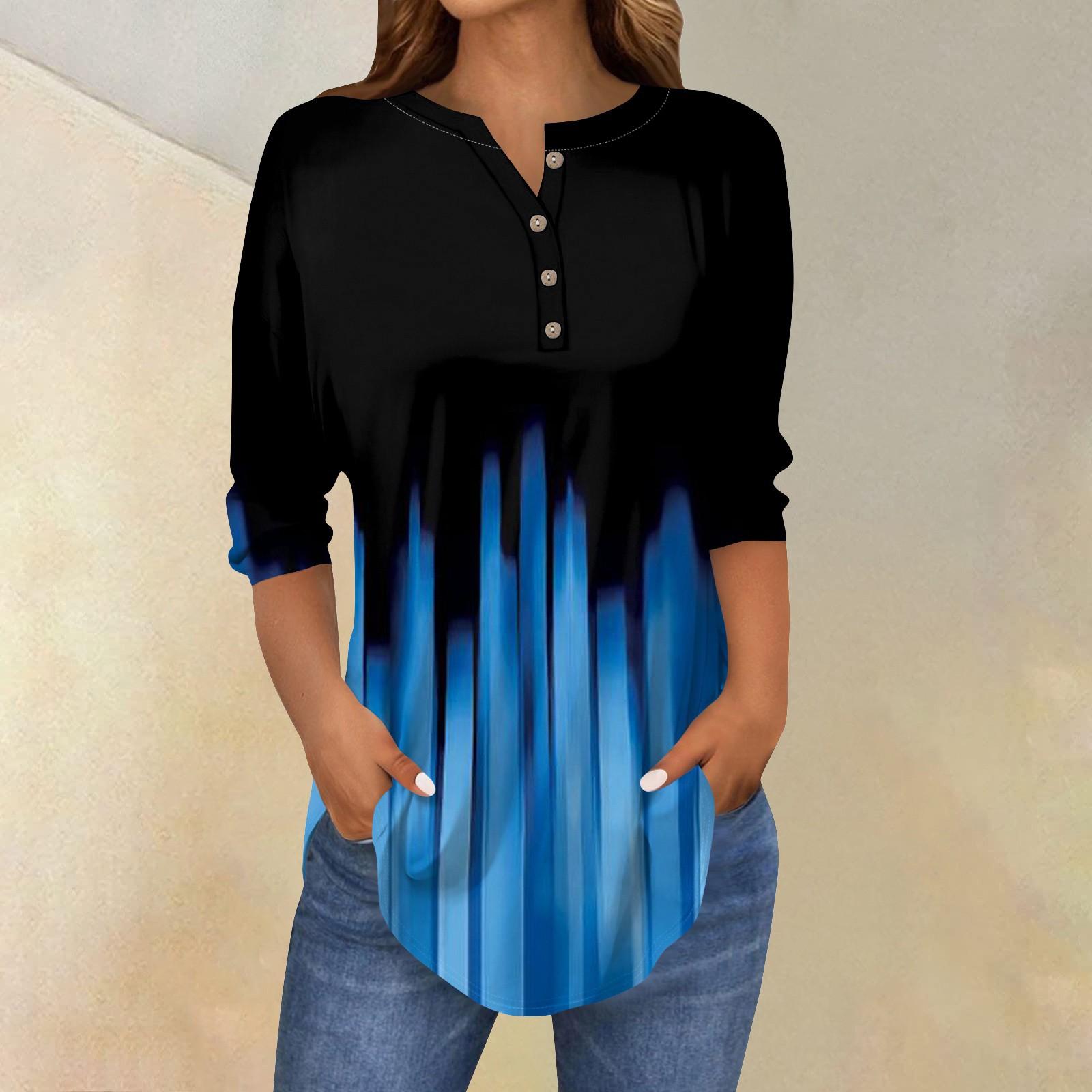 

Женские топы с рукавами 3/4, летние футболки с цветочным принтом и V-образным вырезом, повседневные базовые футболки с пуговицами, туники XXXL