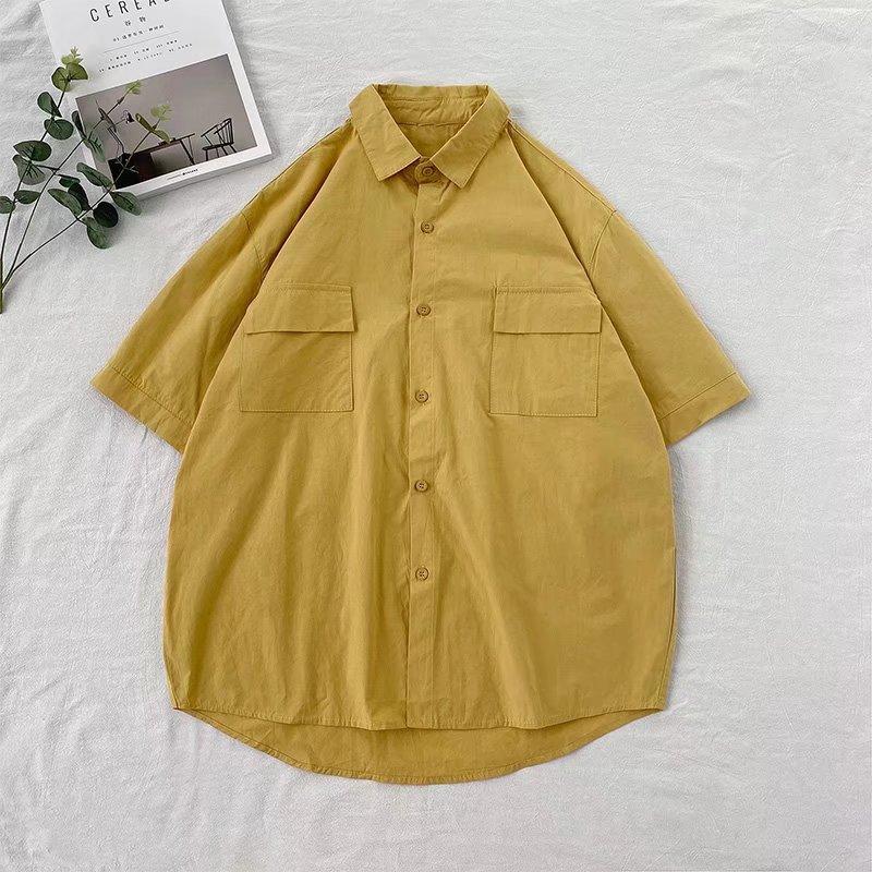 Solid Color Short Sleeve Shirt, Unisex Summer Korean Style Cool Workwear Top Trendy Loose Fit Shirt Jacket