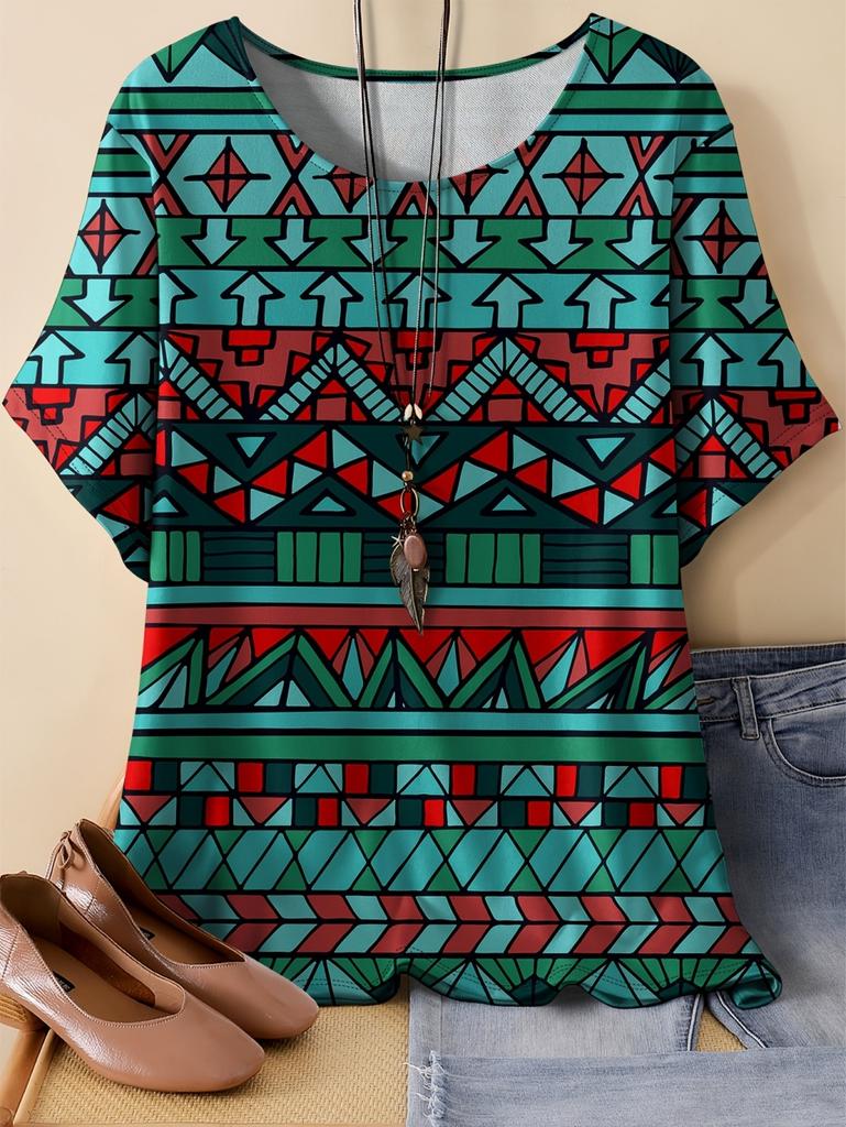 Fashion Loose T-Shirt Woman Elegant O-Neck Geometry Graphics Tee Shirt Printed Casual Woman Tops Outdoor Tshirts Summer Clothes