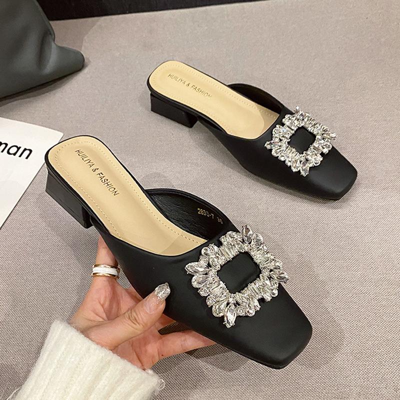Fashion Luxury Rhinestone Buckle Slippers Woman Thick Low Heels Shoes Square Cover Toe Mules Femme Outside&House Slides Crystal Sandals