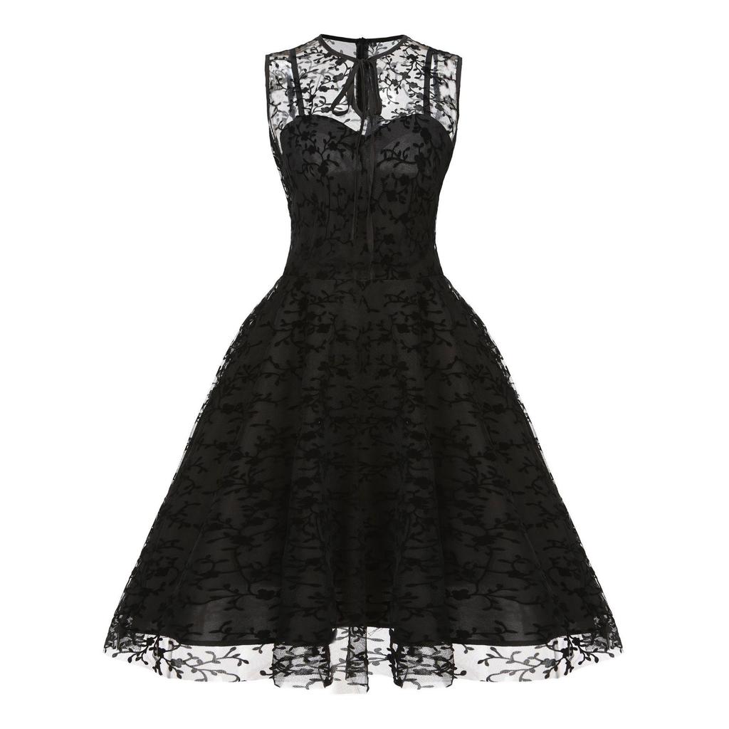 Women's Christmas Mesh Embroidered Midi Dress with Waist-Cinching and Sleeveless Design