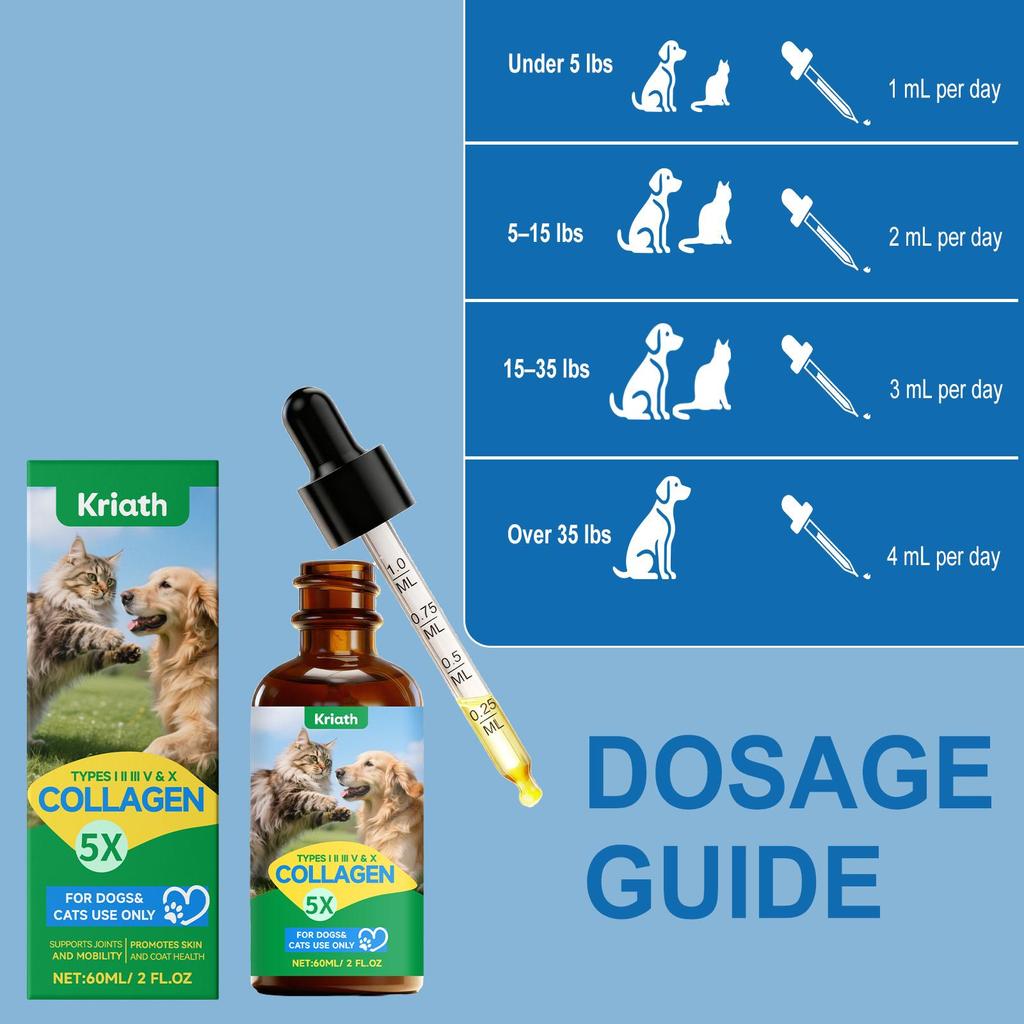 Kriath Pet Collagen Drops 60ml, Cats & Dogs. Joint Care, Skin Health, Coat Health, Gut Health, Immune System Boosting for Pets.