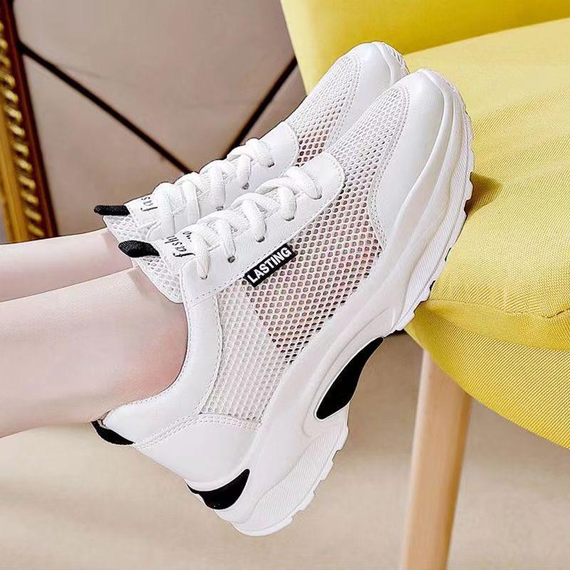Women Low Top Breathable Mesh Sneakers Hollow Single Mesh Solid Color Shock Absorption Casual Dad Running Shoes 35