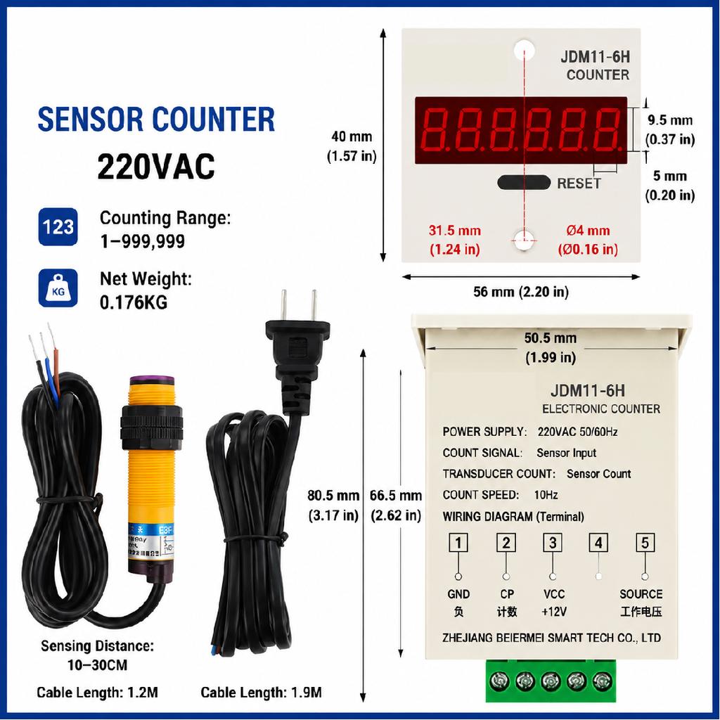 JDM11-6H 6 Digit Digital Counter LED Display Electronic Totalizer Industrial Panel Mount Counter Power Failure Memory 12-380V 1