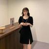 Black Dress Women's Summer New Hepburn Style Temperament Square Neck Split-ended Bubble Sleeves French Retro Skirt