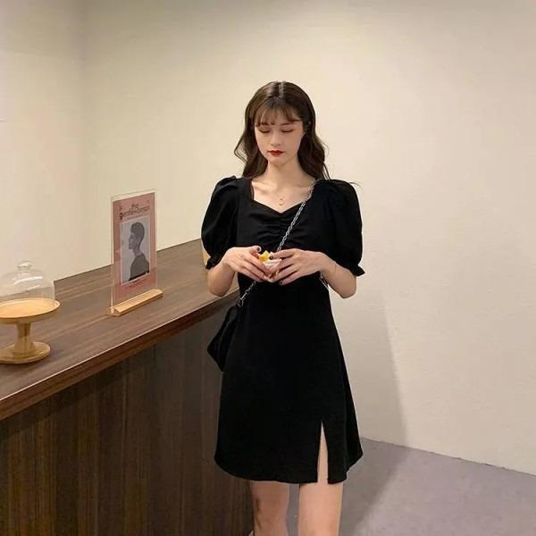 Black Dress Women's Summer New Hepburn Style Temperament Square Neck Split-ended Bubble Sleeves French Retro Skirt