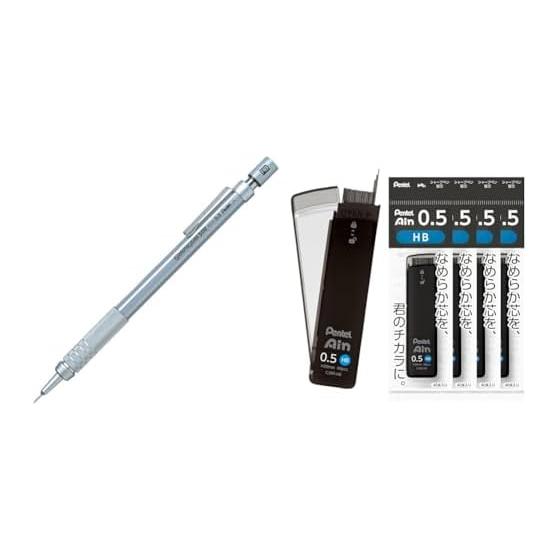 Pentel GraphGear 500 Drafting Mechanical Pencil, 0.5mm, with Pentel Ain 0.5mm HB Lead Refills, 5 Pack