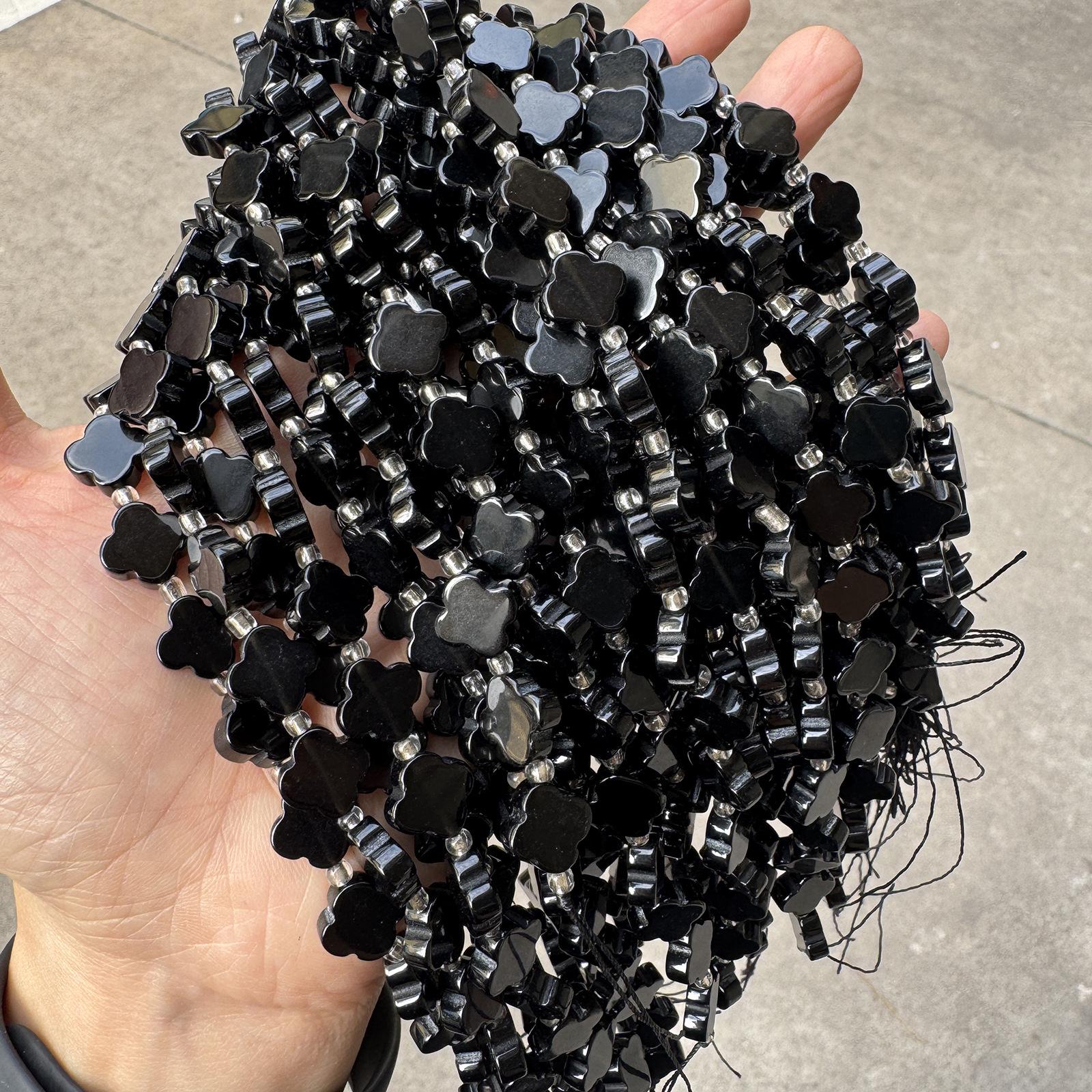 Obsidian Four-Leaf Clover Beaded Strands for DIY Jewelry Crafting