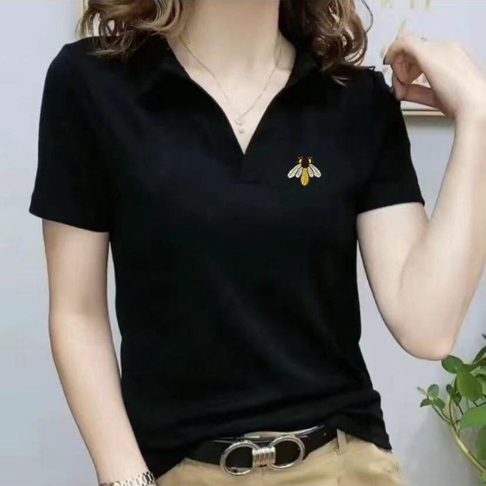 Women's Summer Short-sleeved T-shirt New Fashionable Women's V-neck Age-reducing Casual Lapel Top Large Size Polo Shirt