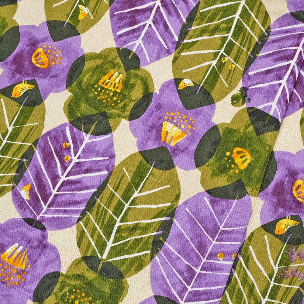 Kimono Canvas Tote Bag Misuzu Uta Stamp Ladies Office [Kyoto Yuzen] (Khaki/Post Camellia/Purple)