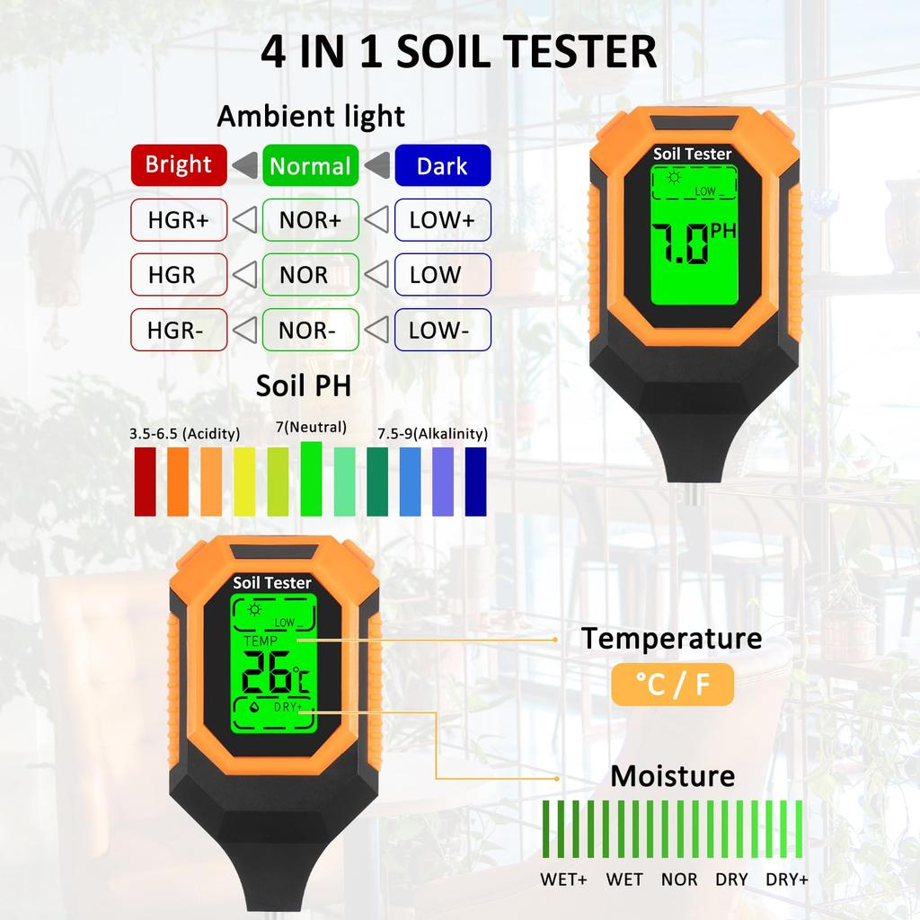 4 in 1 soil instrument illumination tester acid alkalinity meter PH moisture humidity digital display backlight test tester