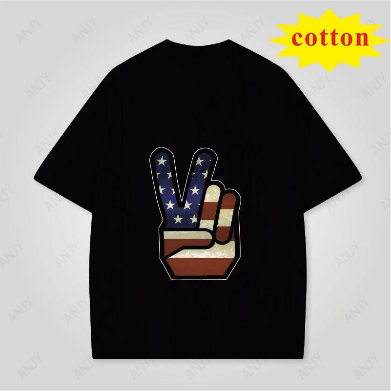 American Peace Gesture Printed Tshirt 4th Of July Independence Day Cotton Casual Round Neck Short Sleeve