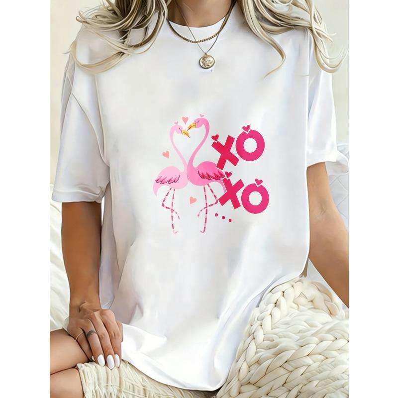 Oversized T Shirt Black Flamingo Xo Print Casual Wear