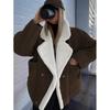 Women's Loose-Fit Warm Vintage Shearling Coat for Fall/Winter Thick Fluffy Splicing Big Lapel Coats Lady Street Jackets