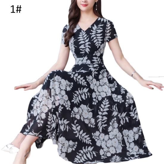 Lady Fashion Floral Print Tight Waist Large Swing V-Neck Short Sleeve Maxi Dress