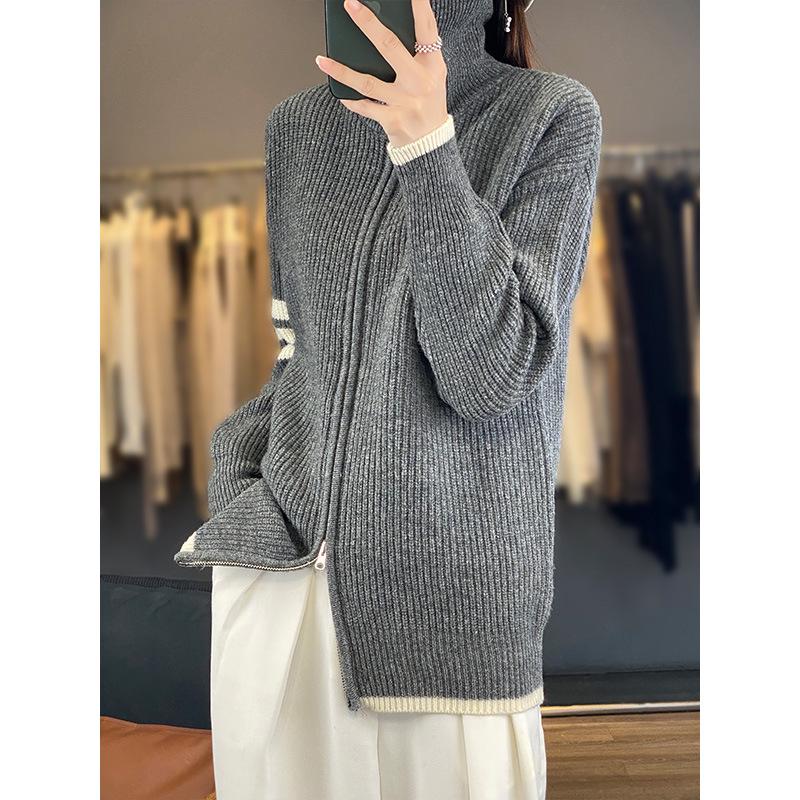 

Retro Zipper High Neck Cashmere Cardigan Sweater XL