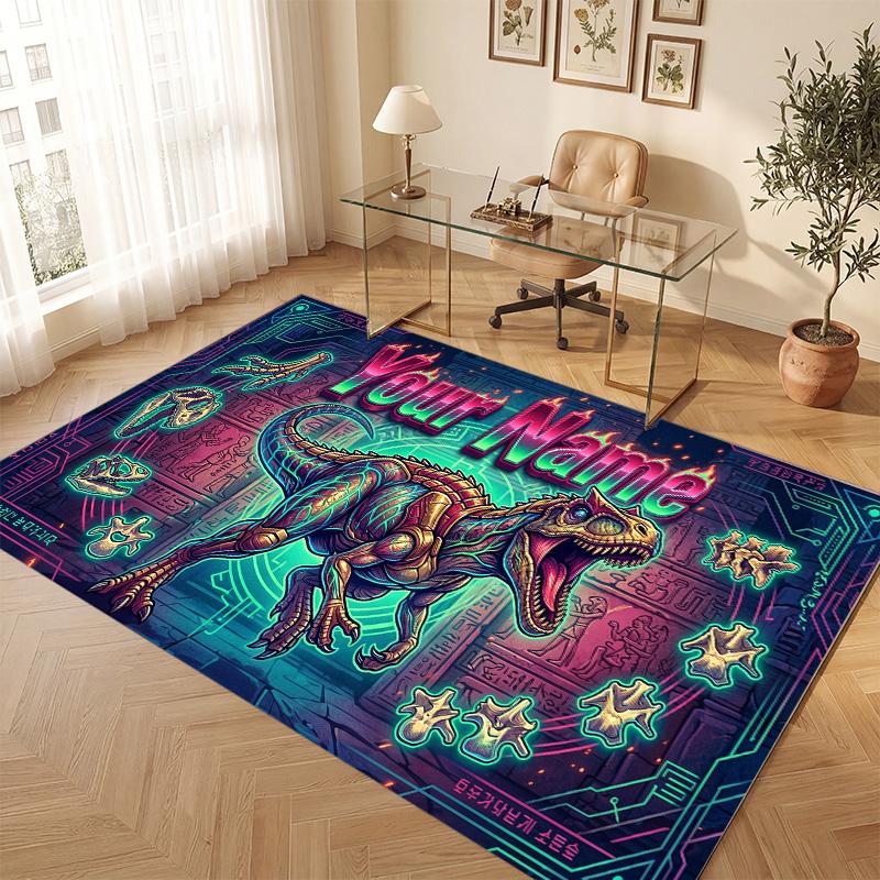 Dinosaur Theme Soft Crystal Velvet Rug Custom Name & Text Print Non Slip Floor Rug for Bedroom Living Room