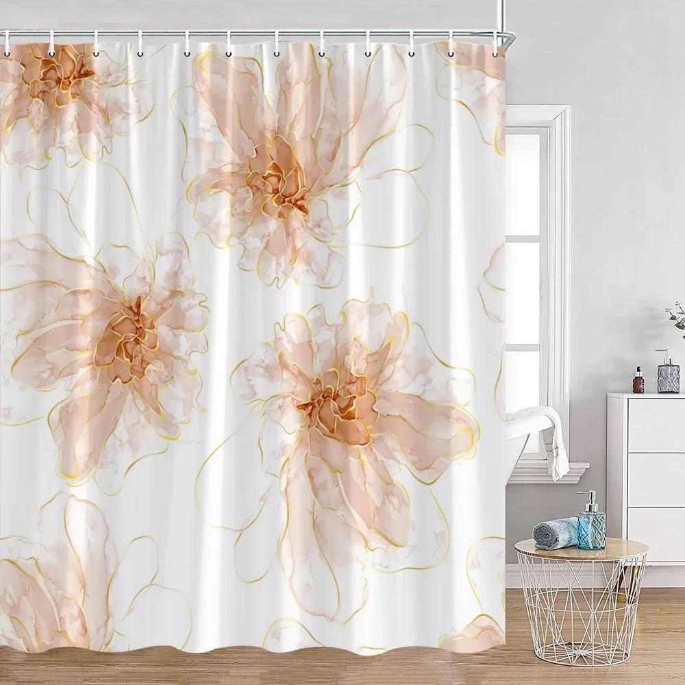Simple Style Flower and Leaf Shower Curtain Golden Line Abstract Bathroom Decoration Modern Polyester Fabric Shower Curtain