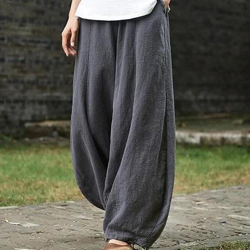 Cotton Linen Bloomers Wide Leg Pants Women Vintage Full Length Fashion Elegent Pants Solid Elasitic Waist Spring Autumn