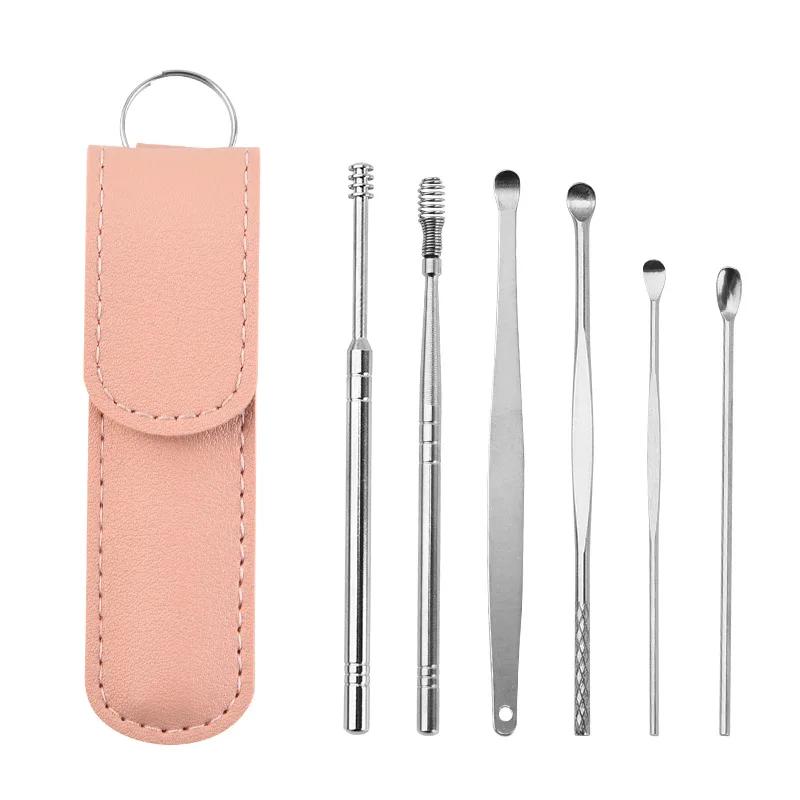 Portable Ear Wax Removal Kit 6Pcs Stainless Steel Ear Pick Spiral Cleaner Tools Set with Keychain Storage Bag for Travel