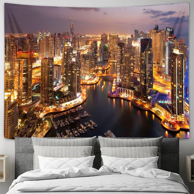 Dubai City Night Skyline Marina Urban Landscape Wall Tapestry Machine Washable All Season Decor Art Print Modern Design Home