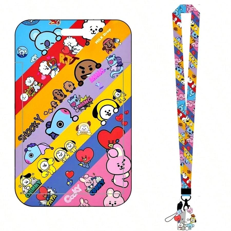 LINE FRIENDS BT21 Kpop Anime Cartoon Lanyard Key Ring with ABS Card Holder for Meal Cards Transit Cards and ID Cards