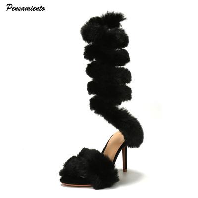 Fashion Fashion Faux Fur Serpentine Winding Women Sandals Sexy Ankle Strap High Heels Gladiator Sandals Female Banquet Party Pumps Shoes