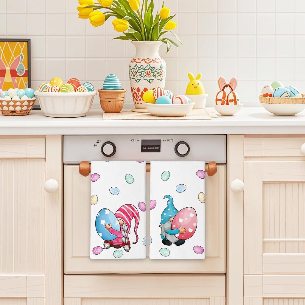 Easter Kitchen Towel 18"x26" Gnome Holding Easter Egg Buffalo Check Plaid Dish Towels Spring Home Kitchen Decor Hand Towels Set of 2
