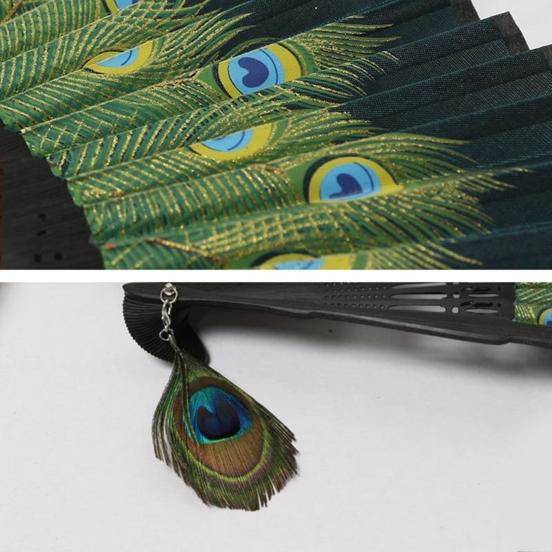 Vintage Feathered Pattern Handheld Fan Wood Folding Fan Vintage Folding Hand Fan for Women Weddings and Dance Parties